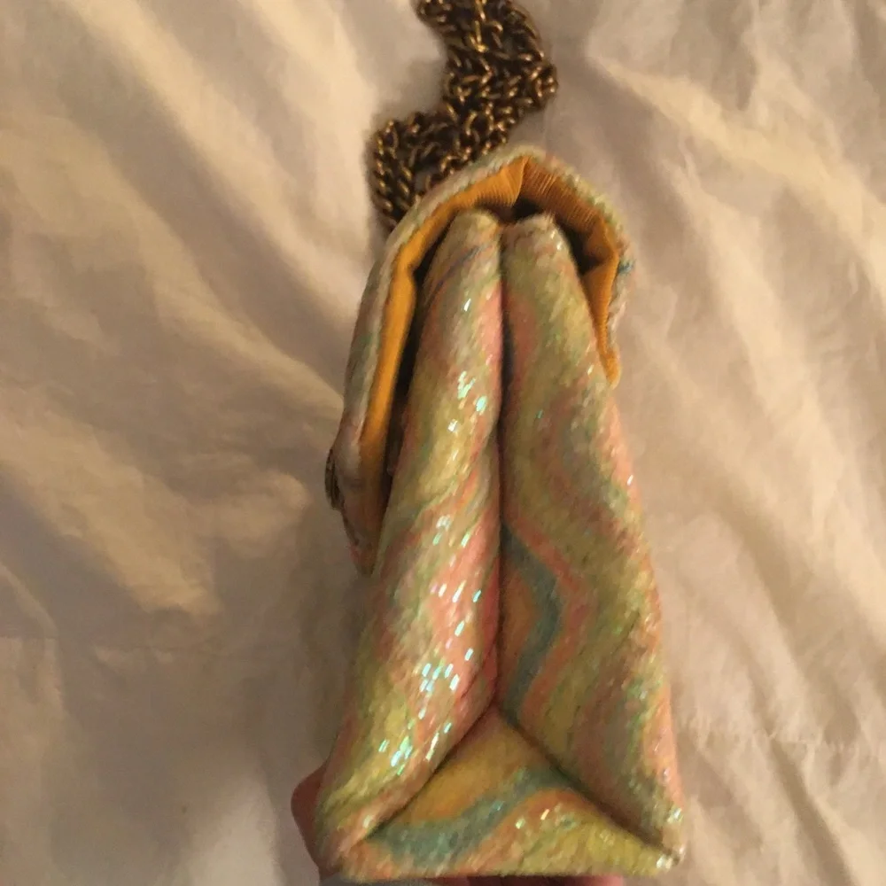 Kurt Geiger Pastel Rainbow Glitter Quilted Crossbody with Brass Chain